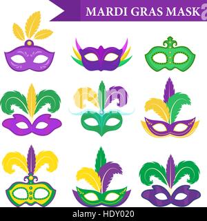 Karneval Maske Set, Design-Element, flachen Stil. Sammlung-Masken mit Federn, isoliert auf weißem Hintergrund. Vektor-Illustration, ClipArt Stock Vektor