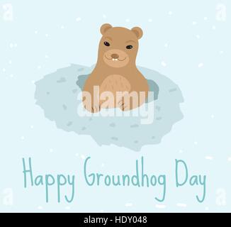 Happy Groundhog Day. Grußkarte flachen Stil. Feier des Frühlings. Niedlich, lustig Murmeltier kommt aus dem Loch. Vektor-illustration Stock Vektor