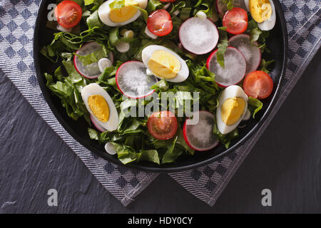 Köstlicher Salat mit Eiern, Radieschen und Sauerampfer hautnah auf dem Tisch. horizontale Ansicht von oben Stockfoto