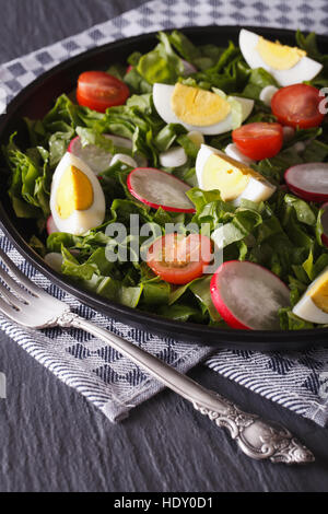 Salat mit Eiern, Radieschen und Sauerampfer hautnah auf dem Tisch. vertikale Stockfoto