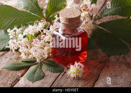 Der Extrakt aus den Blüten der Kastanie in der Flasche auf dem Tisch. Closeup horizontale Stockfoto