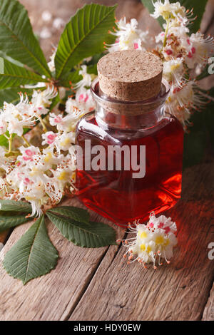 Der Extrakt aus den Blüten der Kastanie in der Flasche auf dem Tisch. vertikale closeup Stockfoto