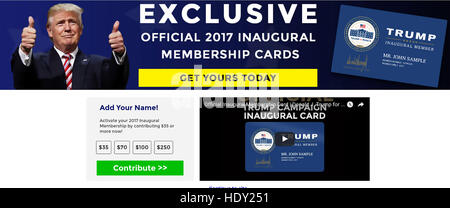 DONALD TRUMP als designierten US-Präsidenten. Web-Seite im Dezember 2016 bietet Einweihung Mitgliedskarten Stockfoto