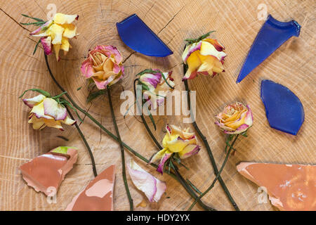 Verwelkte Rosen mit Scherben auf hölzernen Hintergrund als symbolisches Bild für Zeit und Vergänglichkeit Leben und Tod Stockfoto