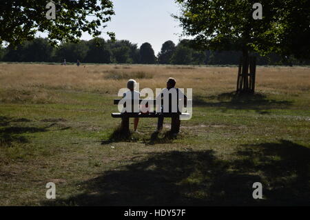 Ein älteres Ehepaar saß auf einer Bank im Richmond Park, London Stockfoto