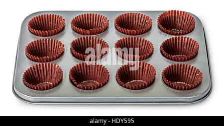 Vor Pappbecher Cupcake und Muffinwanne mit isoliert auf weißem Hintergrund Stockfoto