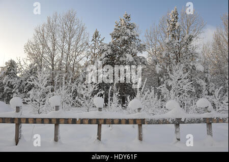 die Überreste des Zauns auf einem verlassenen Ort mit Schnee Kappen auf Pole Stockfoto