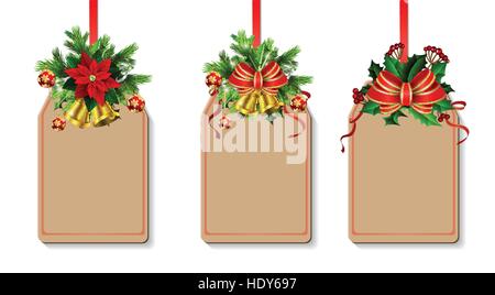 Weihnachts-Dekoration mit Bogen und Holly und Rowan Beeren goldene Glocken Tag set mit Freiraum für Ihr Design verziert Stock Vektor