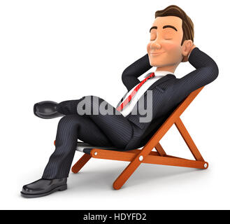 Entspannung in einem Liegestuhl, Abbildung mit isolierten weißen Hintergrund 3D Geschäftsmann Stockfoto