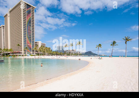 Hilton-Lagune, Waikiki Beach, Waikiki, Honolulu, Oahu, Hawaii. Stockfoto