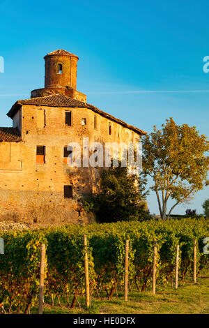 Festlegen von Sonnenlicht auf Castello della Volta in der Nähe von Barolo, Piemont, Italien Stockfoto