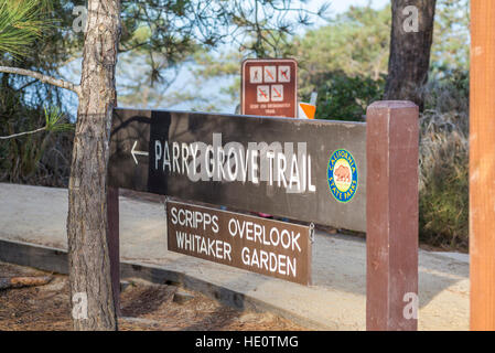 Parry Grove Trail Schild am Torrey Pines State Natural Reserve in La Jolla, San Diego, Kalifornien, USA. Stockfoto