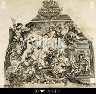 Eine wissenschaftliche Arbeit aus dem Jahr 1642 über den Barberini-Palast in der Nähe des Quirinal-Hügels in Rom. Es bietet detaillierte architektonische und historische Einblicke in die Bedeutung des Gebäudes. Stockfoto