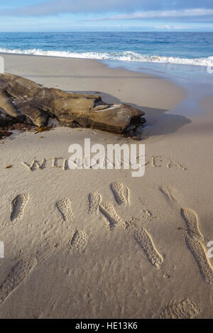 das Wort "Windansea" in den Sand geschrieben. Windansea Beach, La Jolla, Kalifornien. Stockfoto