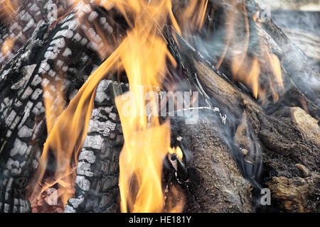 Holzscheite brennen, Generierung von orange Flammen und Rauch in einem Ofen platziert auf der Straße Stockfoto