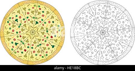 Zeichenfarbe Pizza und Pizza Linienskizze schwarz und weiß. Stil der Handzeichnung. Vektor-Illustration. Stock Vektor