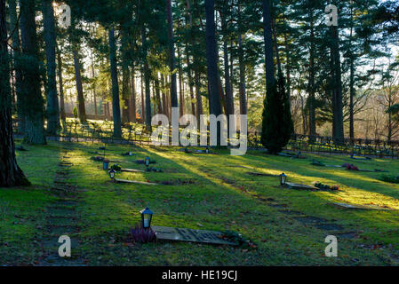 Bredakra, Schweden - 14. Dezember 2016: Dokumentation der Ortsfriedhof. Hinterleuchtete liegende Grabsteine, teilweise mit Laternen in Waldumgebung. Stockfoto