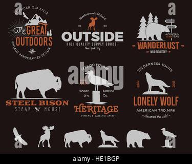 Wildes Tier Abzeichen Set und Outdoor Aktivität Insignien. Retro-Abbildung von tierischen Abzeichen. Typografie-camping-Stil. Vektor-Tier Abzeichen-Logos mit Stock Vektor