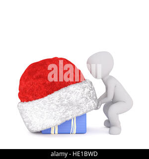 3D Mann heben eine Weihnachtsmütze aus ein Weihnachtsgeschenk oder als Überraschung für Ihre lieben zu Weihnachten, deckt isoliert 3d gerenderte Cartoon Illustration auf w Stockfoto