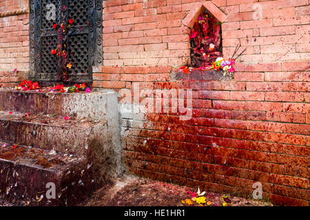 Die blutige Wand, wo Tiere geopfert wurde, um die Götter im Tempel khadga Devi Mandir am Hindu Festival darsain Stockfoto