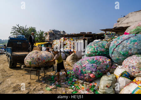 Menschen sind leere Plastikflaschen in der Stadt sammeln, auf LKW laden und transportieren es zum recycling außerhalb der Stadt Stockfoto