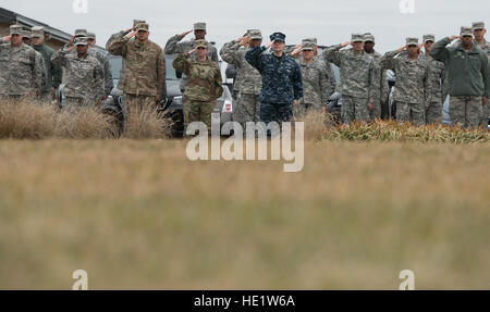 Eine gemeinsame Militärdienst Detail, Dover Leichenhalle Angelegenheiten zugewiesen begrüssen einen gefallenen Soldat innen während eine Abkehr von der Dover Air Force Base, Delaware. Die Luftwaffe Leichenhalle Angelegenheiten Einheit in Dover ist weiterhin bereit, mehrere gefallenen Service-Mitglieder gleichzeitig zu bedienen, aber die Zahlen gesunken drastisch nach dem ziehen nach unten der militärischen Truppen in der Operation Enduring Freedom. /Staff Sgt. Vernon jungen Jr. Stockfoto