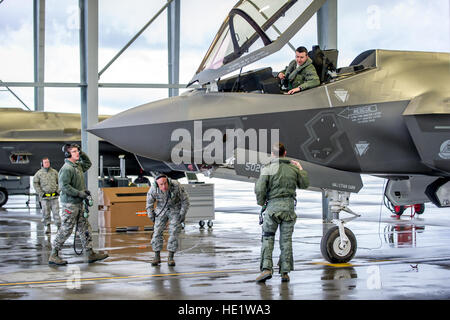 Generalmajor Thomas Hayes, Vordergrund, verleiht mit Major Brent Golden, im Cockpit, als Senior Airman Justin Wilmath, links, und Senior Airman Joseph Young, bereit ein F-35A des 31. Test und Auswertung Geschwader, eine Mieter-Einheit auf der Edwards Air Force Base, Kalifornien, für einen Testflug am 18. Februar 2016 in Mountain Home AFB, Idaho. Sechs operativen Test und Bewertung f-35 s und mehr als 85 Flieger des 31. TES reiste nach Mountain Home AFB für den ersten simulierte Bereitstellungstest der F-35A, speziell auf drei wichtige vorläufige Einsatzfähigkeit Mission Sätze ausführen: Unterdrückung der feindlichen Luft ver- Stockfoto