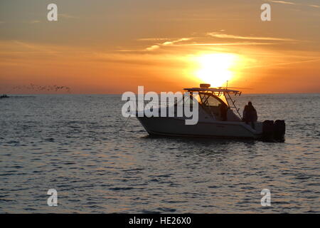 Cabin-Cruiser bei Sonnenuntergang über Sarasota Bay, Florida, USA Stockfoto