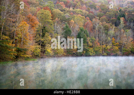 Fog lifts from the water on Cranks Creek Lake near Cranks, Kentucky. Stockfoto