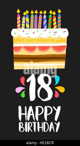 Alles Gute zum Geburtstag Nummer 18, Grußkarte für achtzehn Jahre in lustigen Kunst Stil mit Kuchen und Kerzen. Geburtstag Einladung, Gratulation Stock Vektor