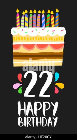 Alles Gute zum Geburtstag Nummer 22, Grußkarte für zweiundzwanzig Jahre in lustigen Kunst Stil mit Kuchen und Kerzen. Geburtstag Einladung, herzlichen Glückwunsch Stock Vektor