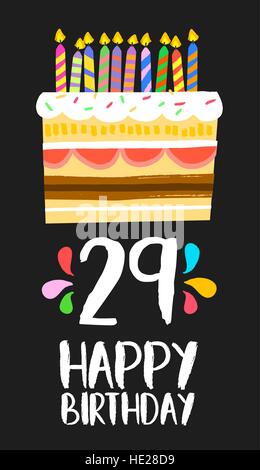 Alles Gute zum Geburtstag Nummer 29, Grußkarte für neunundzwanzig Jahre in lustigen Kunst Stil mit Kuchen und Kerzen. Geburtstag Einladung, herzlichen Glückwunsch Stock Vektor