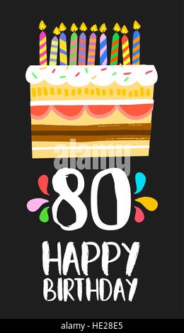 Alles Gute zum Geburtstag Nummer 80, Grußkarte für achtzig Jahren in lustigen Kunst Stil mit Kuchen und Kerzen. Geburtstag Einladung, herzlichen Glückwunsch Stock Vektor
