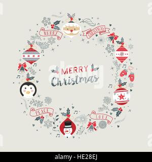 Frohe Weihnachten Ornamente Retro-Kranz Rahmendesign mit niedlichen Winterdekoration. Weihnachtsmann, Schneemann und Pinguin umfasst. EPS10 Vektor. Stock Vektor