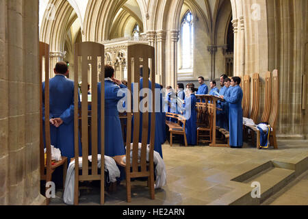 Großer Chor von Wells Cathedral Choir am Ostersonntag Proben für Abendandacht im Kirchenschiff bei Wells Cathedral. Stockfoto
