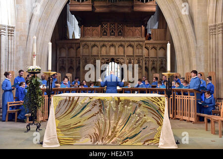 Großer Chor von Wells Cathedral Choir am Ostersonntag Proben für Abendandacht im Kirchenschiff, Wells Cathedral. Stockfoto