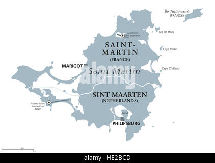 Politische Karte von Saint-Martin. Karibik-Insel mit Saint-Martin, Frankreich und Sint Maarten, Niederlande. Stockfoto