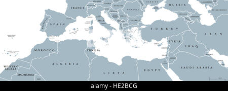 Mittelmeerraum politische Karte. Im Mittelmeerraum, auch Mediterranea. Ländereien um Mittelmeer. Stockfoto