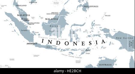 Politische Landkarte Indonesien mit der Hauptstadt Jakarta, Inseln, Nachbar Länder Malaysia, Singapur, Brunei, Osttimor und Hauptstädte. Stockfoto