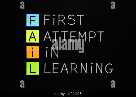 FEHL, Akronym ersten Versuch In Learning handschriftlich mit weißer Kreide auf die Tafel. Stockfoto