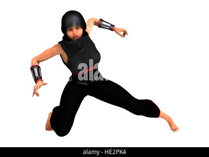 3D-Rendering eines weiblichen Ninja isoliert auf weißem Hintergrund Stockfoto