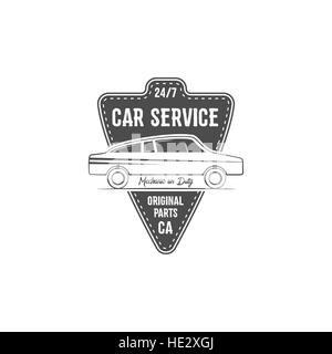 Oldtimer-Service-Label-Design. Automobil-Emblem in monochromen Retro und Typografie Elemente. Gut für Drucke, Logo, t-Shirt, Reparaturstation, Abzeichen. Stockfoto