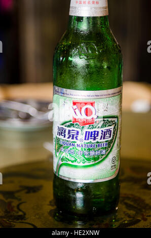 Eine Flasche Bier Longsheng Reisterrassen Longji Dragon Wirbelsäule Reisfelder Felder am Hang Longsheng, Guilin, Guangxi, China. Stockfoto