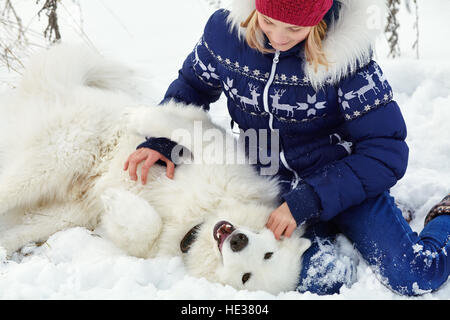 Samojede husky mit Besitzer Stockfoto