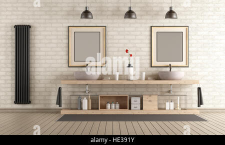 Modernes Bad mit Holzmöbeln, doppelte Waschbecken und schwarz Heizung auf Brick wall - 3d rendering Stockfoto