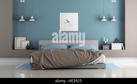 Blaue und braune moderne Schlafzimmer mit Doppelbett - 3d rendering Stockfoto