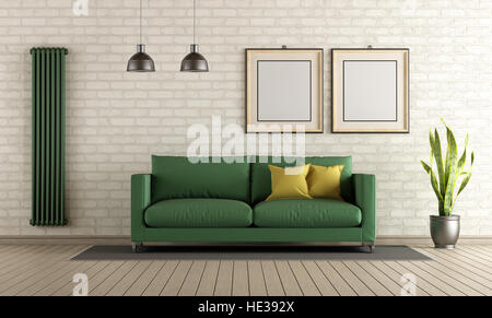 Modernes Wohnzimmer mit grünen Sofa und vertikale Heizung auf Brick Wand - 3d rendering Stockfoto