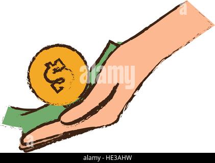 Drawing Hand hält bill Münze Geld Stock Vektor