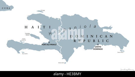 Hispaniola politische Karte, auch San Domingo. Haiti und die Dominikanische Republik mit der Hauptstadt Port-au-Prince und Santo Domingo. Stockfoto
