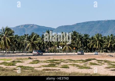 Jeep-Tour auf der Straße vor Palmen und Dhofar-Gebirge in Salalah Oman Stockfoto